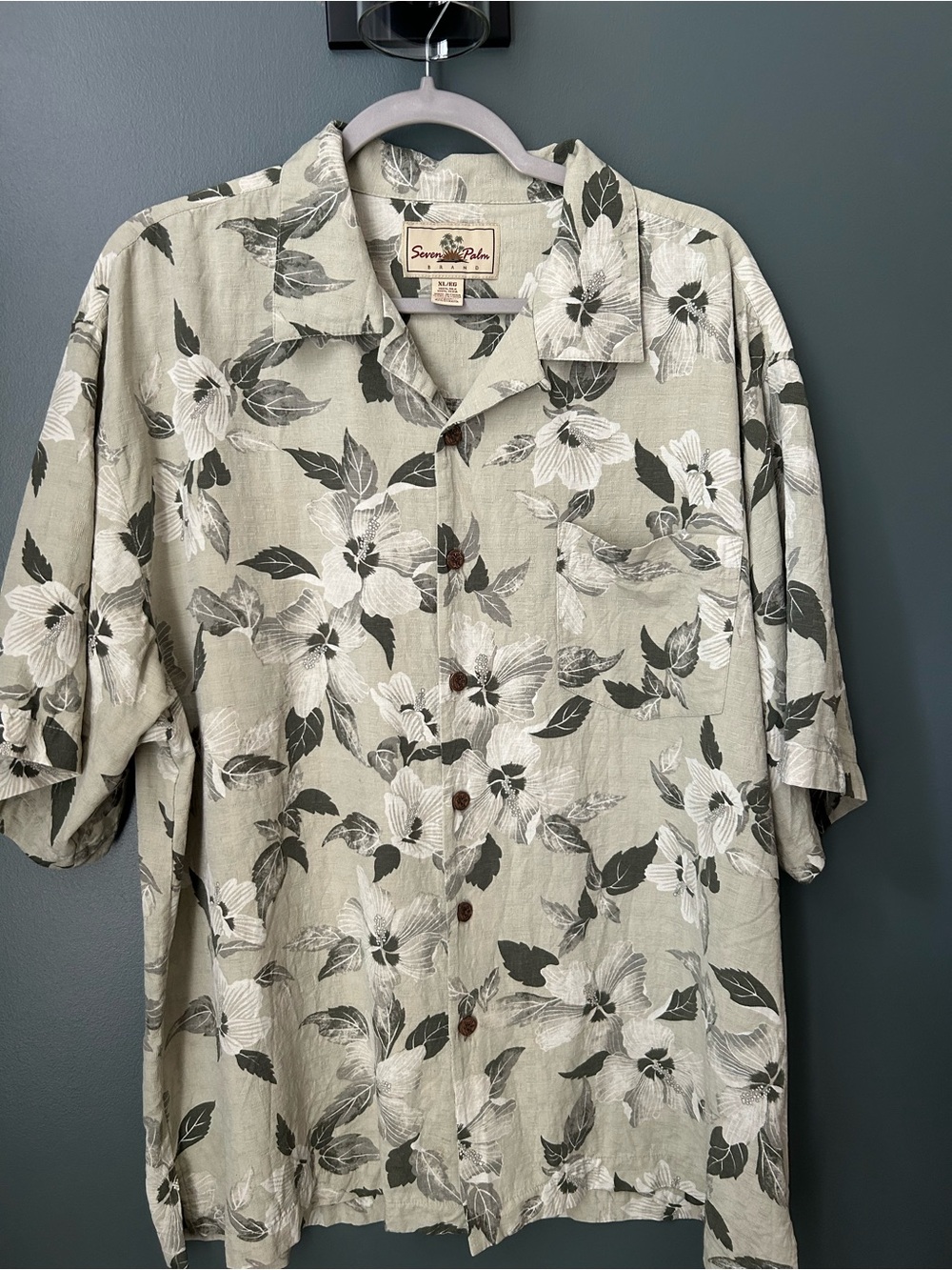 Seven Palm Sage Green and White Tropical Print Silk Shirt